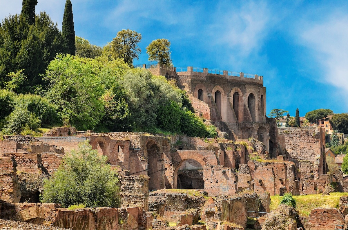 Remains of ruined Palatine Hills in Rome, Italy